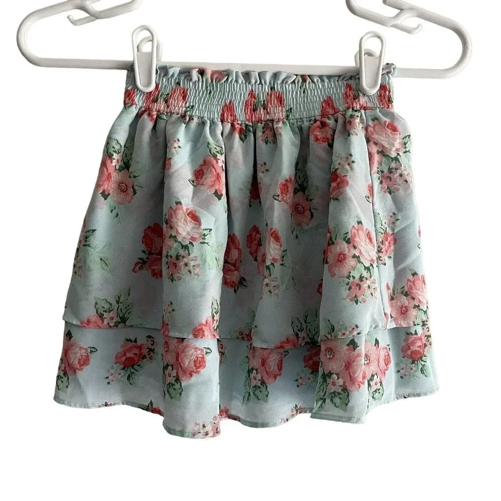 Janie And Jack Girl 6 Mint Floral Elastic Waist Tiered Ruffle Chiffon Skirt